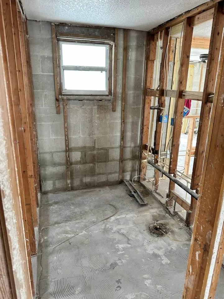 Bathroom stripped to block wall and studs, the kind of older interior a designated substance survey covers