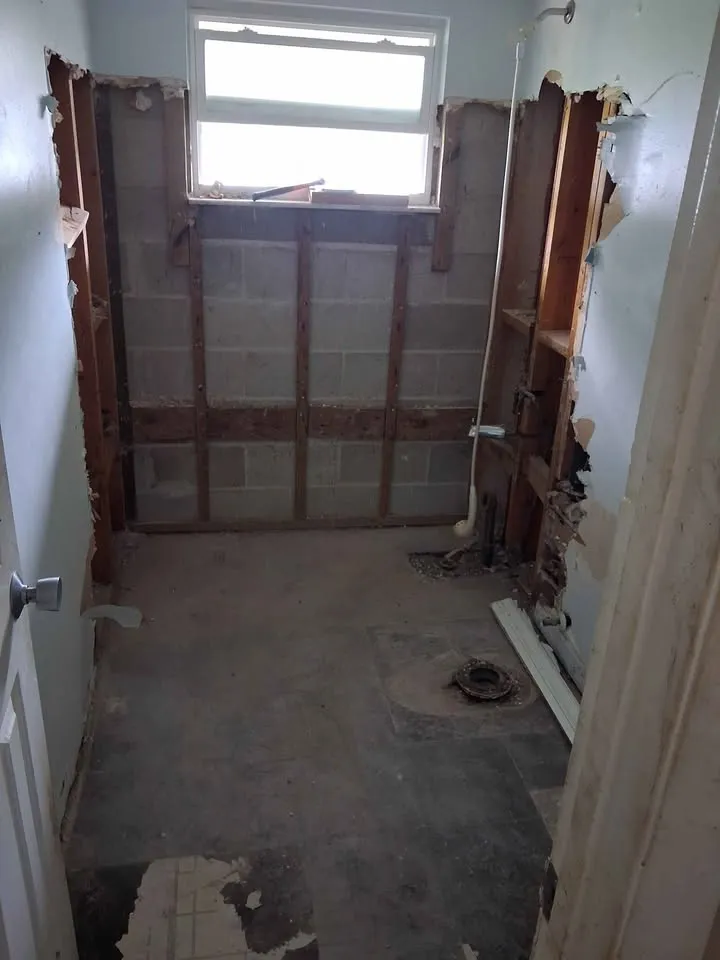 Narrow bathroom stripped to the studs with the floor cleared