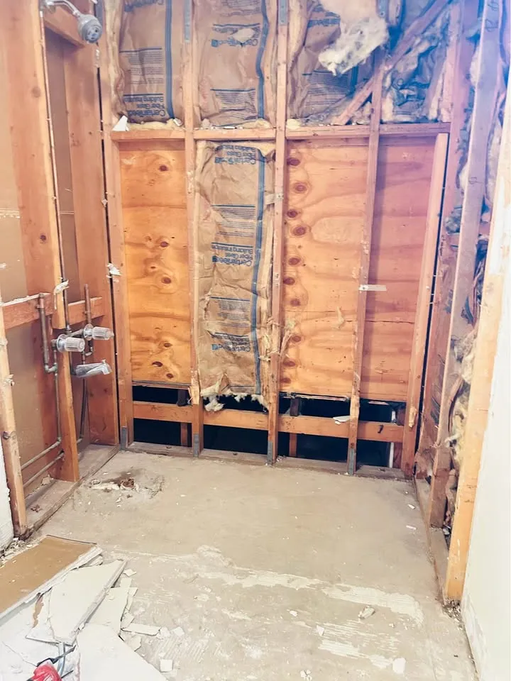 Bathroom wall opened to studs and insulation after hazardous materials were cleared